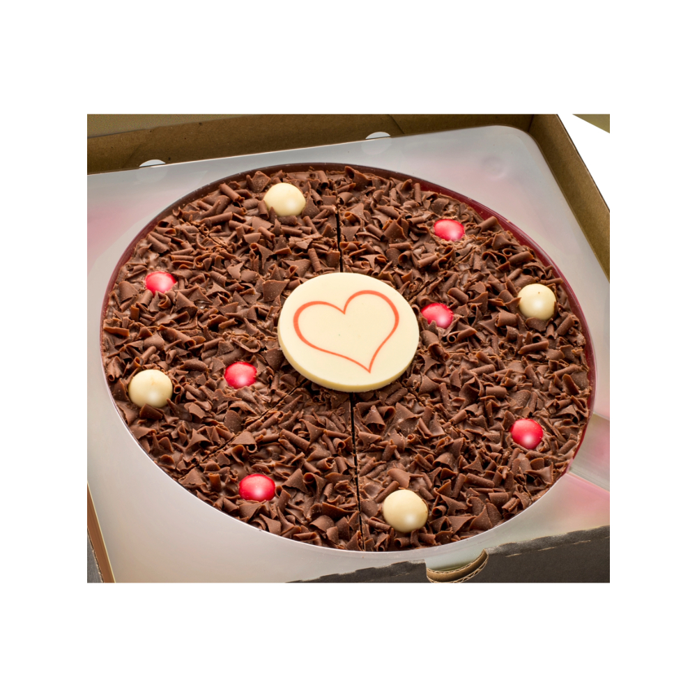 7" Love Pizza with milk chocolate curls, coloured decorations and a heart plaque.